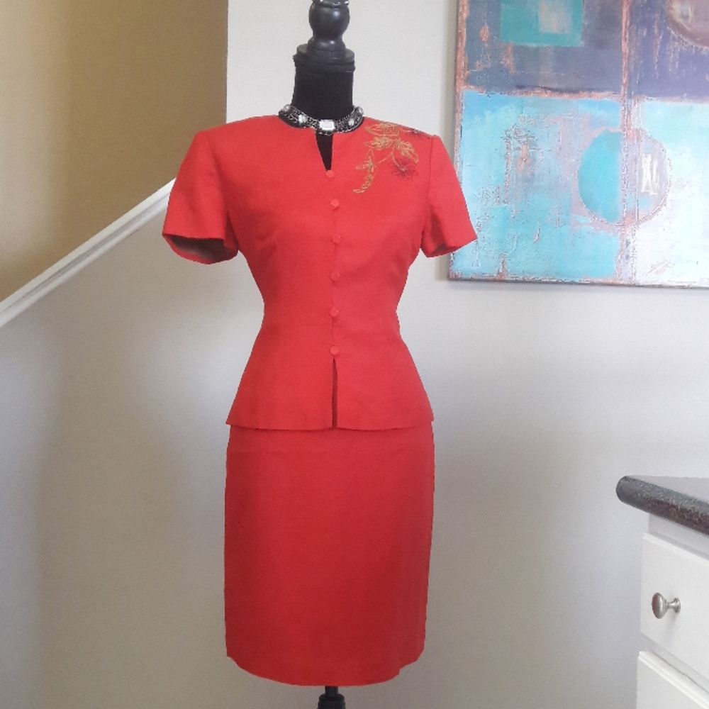 Donna Morgan Red Pencil Skirt and Peplum Top Set